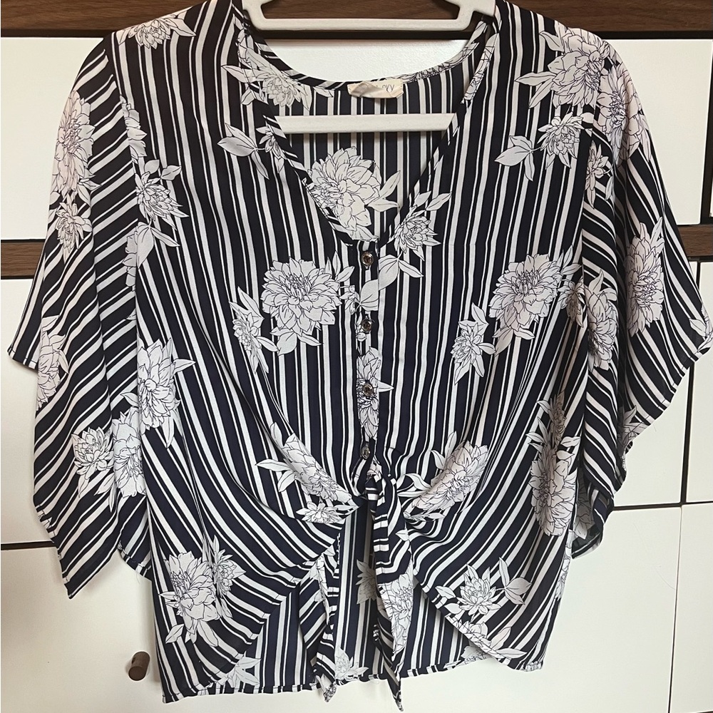 Sienna Sky Navy and White Tie Front Short Sleeve Blouse